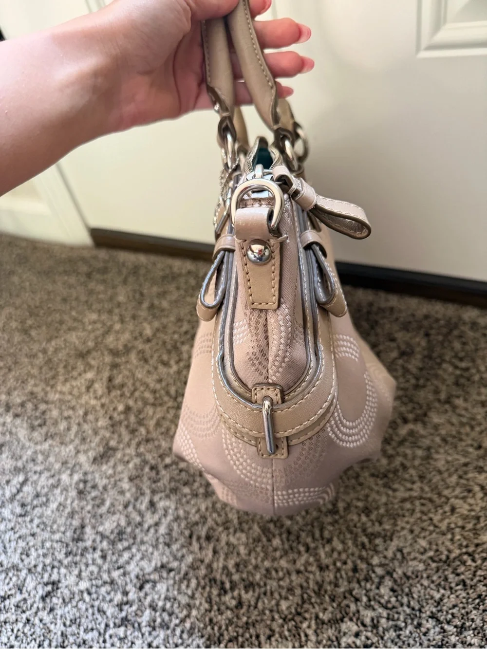Coach Madison Op Art Sateen Satchel Beige Taupe Shoulder Bag